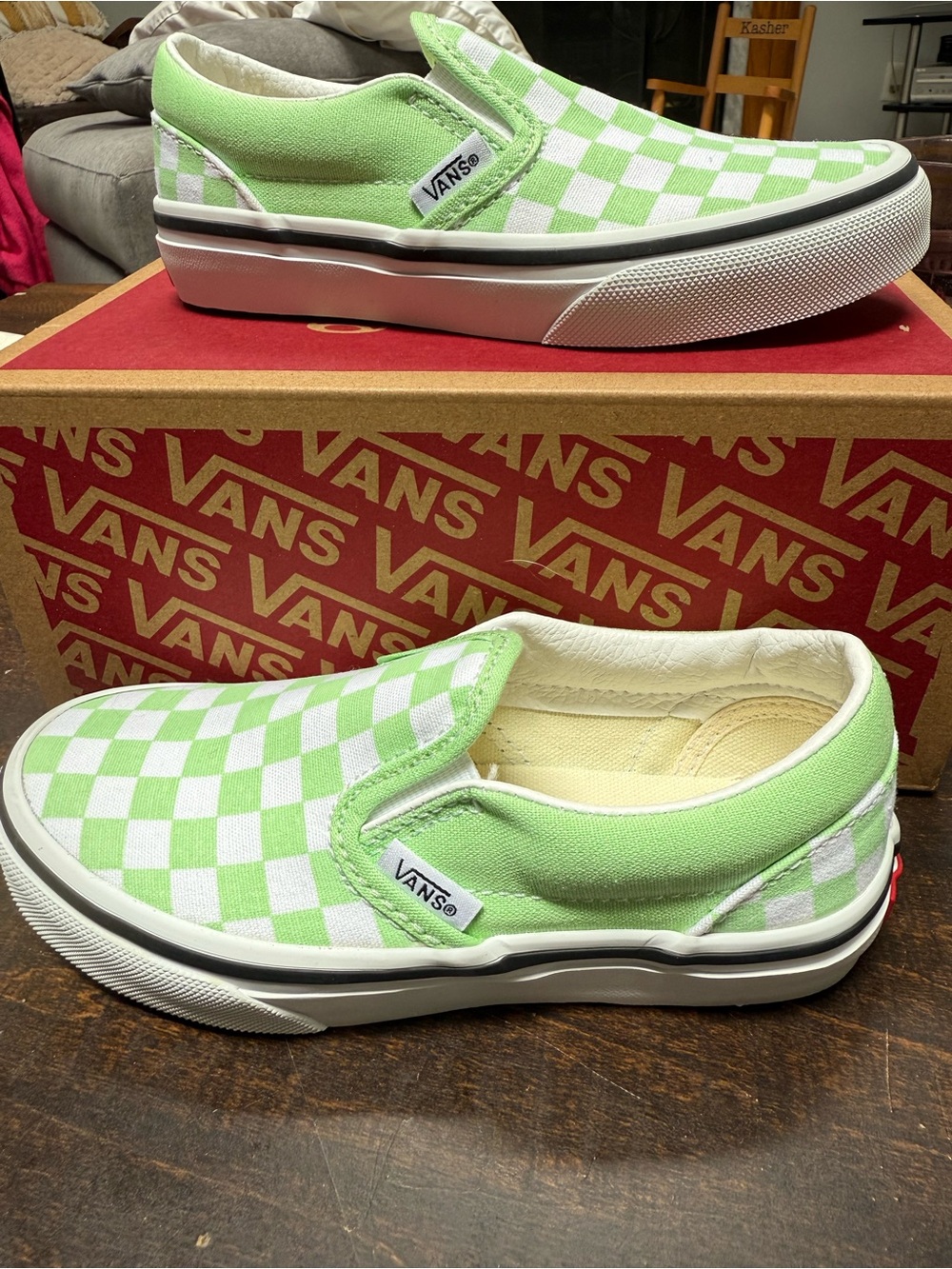 Vans Kids Slip-On Checkerboard Sneakers - Neon Green & White